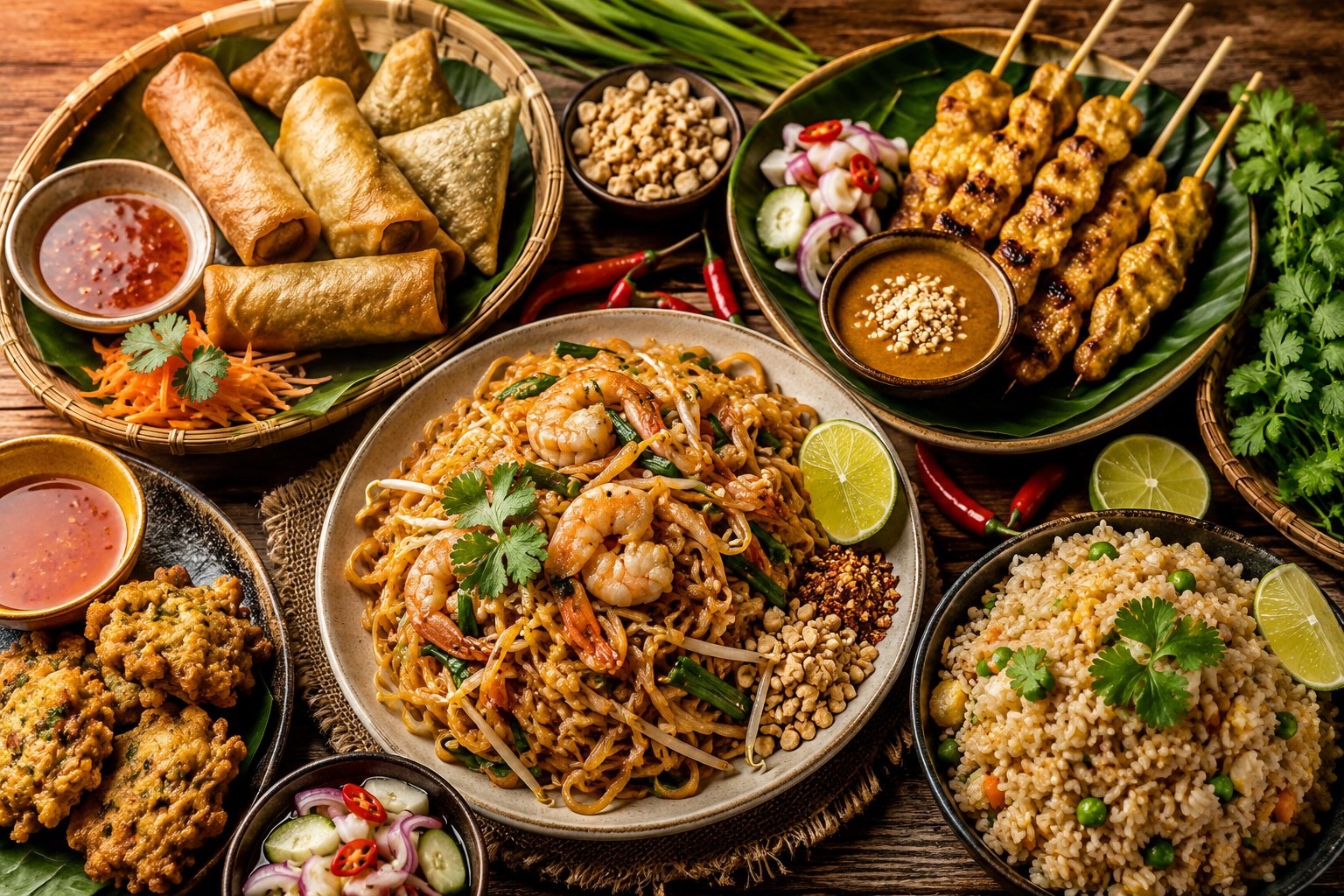 Pad Thaï, riz sauté, nems, samoussas et brochettes thaïlandaises