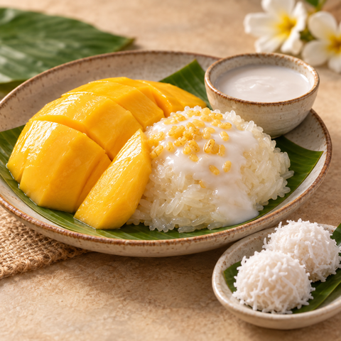 Illustration de riz gluant à la mangue et de perles coco