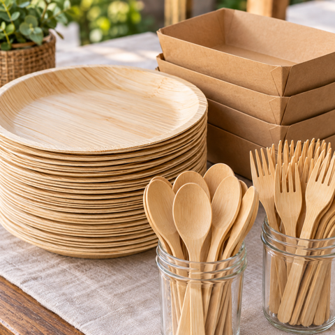 Illustration des assiettes bambou, couverts et barquettes