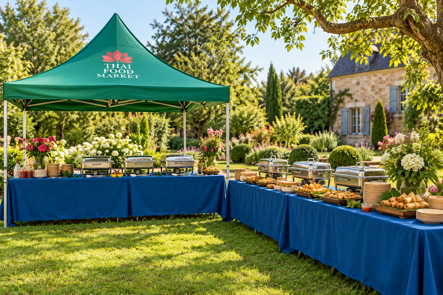 Illustration du buffet Thaï Food Market sous un barnum vert dans un jardin