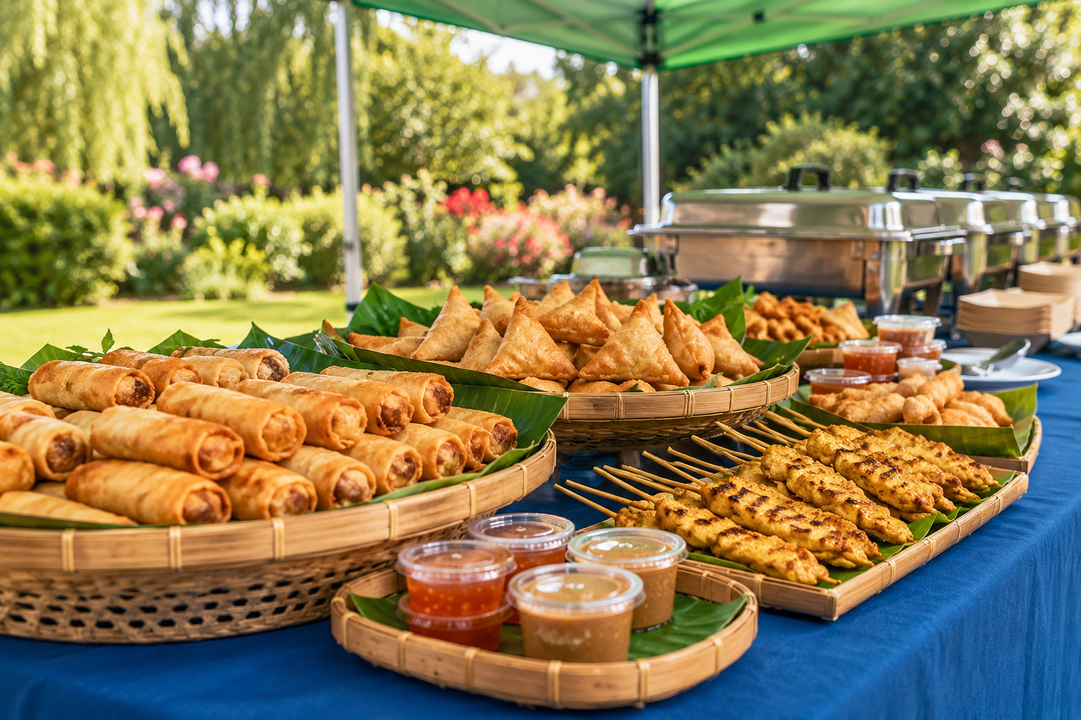 Illustration de nems, samoussas et brochettes satay présentés sur un buffet